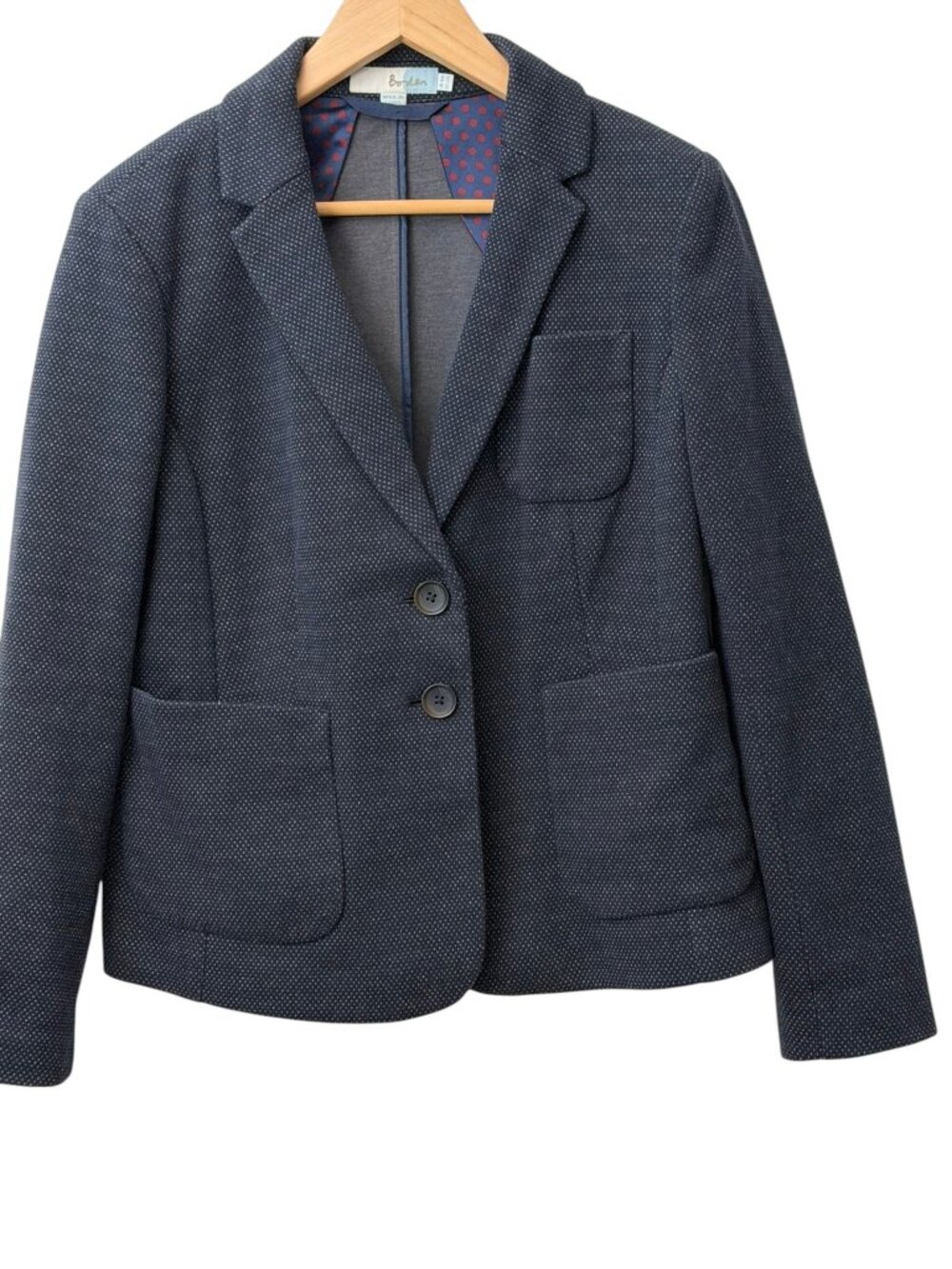 Boden Textured Cotton Jersey Knit Blazer Jacket Pocket Polka Dot Lining Navy 12R